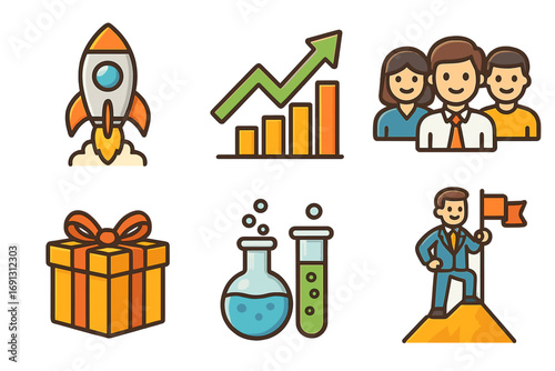 Business icons set for startup success and growth. Teamwork collaboration, financial chart, leadership achievement, innovation research, and customer loyalty gift vector.