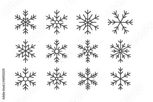 Snowflake line icon set. Winter season graphic elements. Minimalist frost crystal symbols for Christmas and holiday design. Vector cold weather pictograms. Editable stroke.