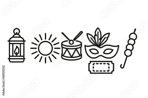 Carnival festival party celebration linear icon set. Vector outline illustration collection with lantern, sun, drum, mask, ticket, and skewer. Simple minimal graphic element.