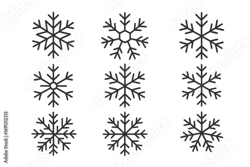 Snowflakes vector line icon set. Minimalistic linear pictogram collection. Winter, snow, cold, frost and Christmas concept. Editable stroke graphic design element for holiday.