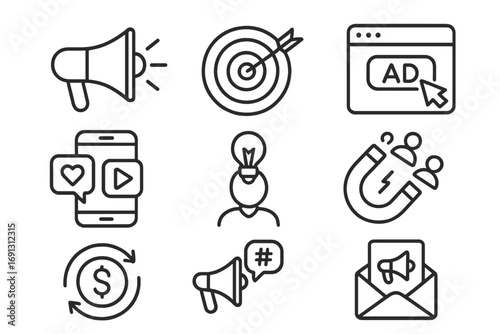 Marketing and promotion outline icon set. Digital advertising symbols for social media campaign, lead generation, email newsletter, ROI, and customer targeting. Vector icons.