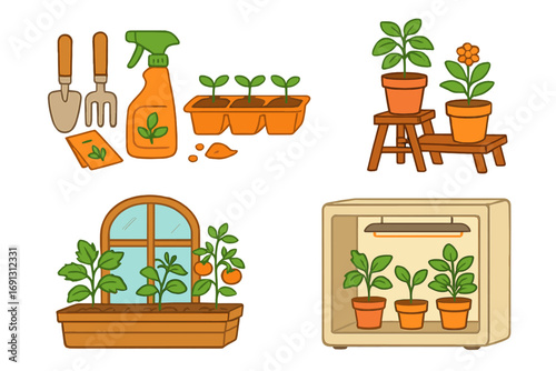 Indoor gardening and home plant cultivation icon set. Vector cartoon tools, seedlings in pots, window box with tomatoes, and grow light setup for urban horticulture hobby.