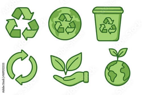 Recycling symbols and ecology icons set. Green environment, sustainability, and conservation concepts. Eco friendly graphic elements for zero waste and nature protection.