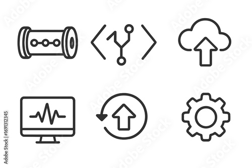 CI CD linear icons set. Continuous integration delivery pipeline. Code merge, deployment, monitoring, rollback, gear. DevOps software development process automation symbol.