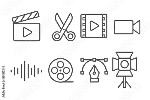 Video editing and filmmaking linear icons set. Simple vector symbols for movie production, post-production, vlogging. Clapperboard, cut, film, camera, audio, light, pen tool.