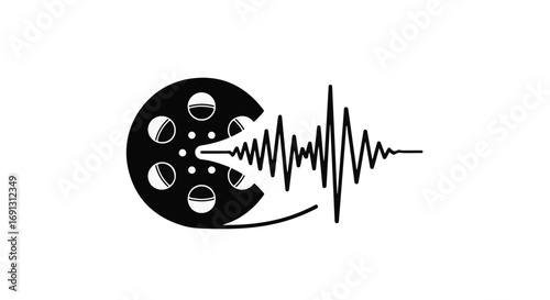 Film reel merging with sound wave, symbolizing audio visual connection.