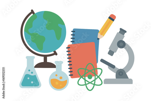 Education and science concept with school supplies. Classroom elements for learning and study. Globe, microscope, chemistry flask, atom symbol. Back to school vector cartoon.