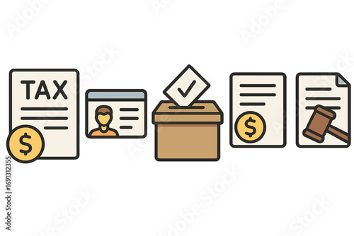 Government services icon set for tax, ID card, voting, finance, legal documents. Civic duty, state administration, bureaucracy concepts. Vector flat cartoon illustration.