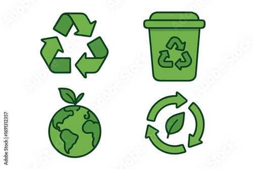 Recycling symbols icon set. Sustainability and environmental awareness concept. Eco friendly green vector illustration. Reduce, reuse, recycle. Planet Earth conservation icon.