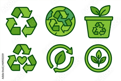 Recycling symbols icon set for sustainability. Eco friendly concepts of environmental awareness, conservation and zero waste. Vector illustration for green graphic design.