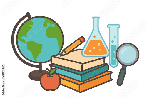 Back to school concept. Education and learning supplies. Science, geography, chemistry class icons. Globe, books, apple, pencil, lab flask, magnifier vector illustration set.