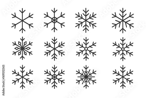 Snowflake line icon set. Minimalistic linear pictogram collection with editable stroke. Winter, Christmas, holiday design elements. Cold weather, snow, frost vector symbols.
