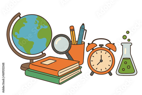 Back to school supplies vector set. Education and learning concept with classroom items like globe, books, alarm clock, magnifying glass, and science flask. Flat cartoon.