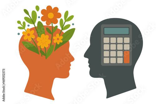 Creative vs logical mind metaphor. Two heads with flowers and calculator. Contrast between nature and technology, emotion and analytics. Psychology, mental health vector concept.