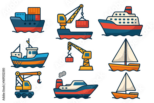 Maritime transport and shipping icon set. Collection of various boats, ships, and cranes. Vector cartoon illustration for logistics, freight, and sea travel concepts.