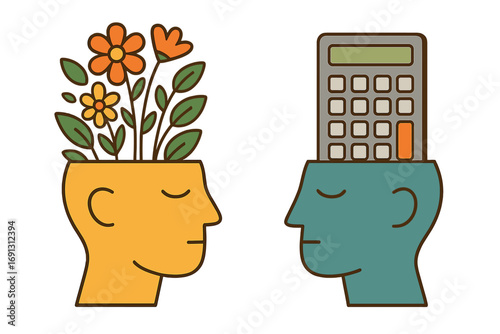 Logic versus emotion concept. Left and right brain thinking. Creative and analytical mind. Metaphor of two heads with flowers and calculator. Psychology and mental process.