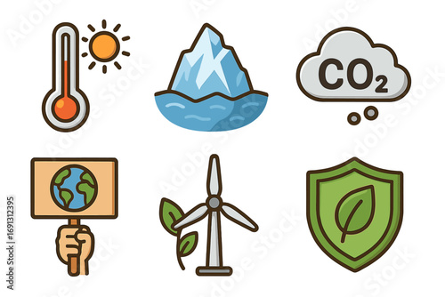 Climate change icon set. Global warming concept with thermometer, melting iceberg, and CO2 emissions. Green energy, eco shield, and climate protest sign. Ecology vector cartoon pack.