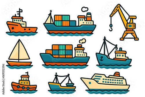 Shipping and maritime transport vector icon set. Cute cartoon illustrations of a cargo container ship, tugboat, sailboat, ferry, fishing boat, and a port harbor crane.