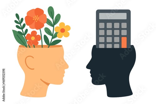 Creative vs analytical mind. Logic vs emotion concept. Two heads with flowers and calculator. Metaphor of contrast between nature and technology. Psychology and mental health.