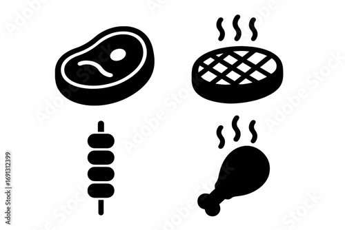 Meat and steak silhouette icon set. Grilled food, cooking icons in bold glyph style. Vector barbecue elements. Beef steak, chicken leg, kebab skewer, grilled patty.