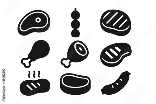 Grill and BBQ meat solid glyph icon set. Steak, beef, pork, chicken leg, sausage, and kebab skewer symbols. Vector food illustration for restaurant menu or butcher shop.
