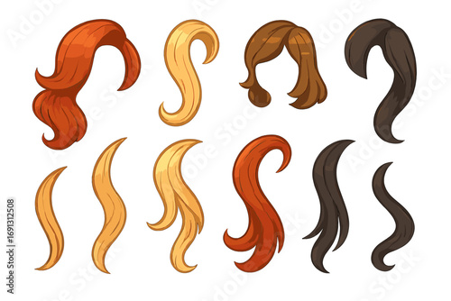 Hairstyle constructor set. Woman hair strands, locks and wigs in different colors. Blonde, red, brown, black. Cartoon vector collection for character creation. Hairdresser.