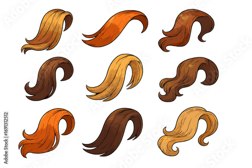 Hair strands set. Vector cartoon illustration of flowing hair locks in various colors and styles. Blonde, brunette, redhead. Wavy, curly hairstyle elements for beauty salon.
