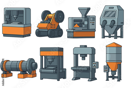 Industrial equipment set. Collection of factory machines for manufacturing and processing materials. Vector cartoon illustration icons of CNC, hydraulic press, mixer, silo.