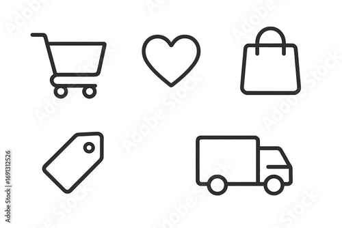 Minimalist shopping icons set for e-commerce and online stores. Vector symbols for web UI include cart, bag, delivery truck, price tag, and favorite heart sign.