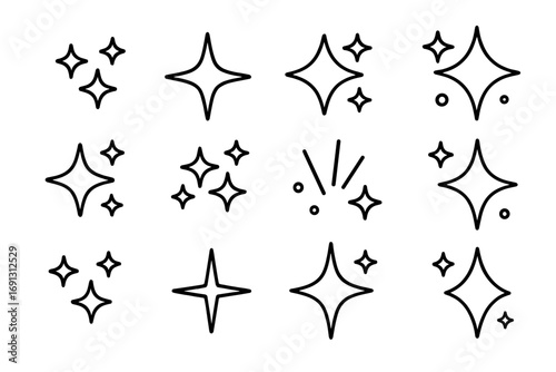 Sparkle and star line icon set. Minimalist outline symbols for shiny, twinkling, glowing effects. Magic glitter, celebration flare, and flash for decoration. Clean new quality vector.