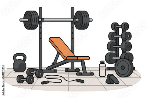 Fitness workout and strength training equipment in a gym setting. Bodybuilding concept with barbell, bench press, dumbbells, kettlebell, and jump rope vector illustration.