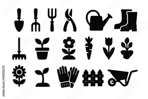 Garden icon set vector illustration. Gardening tools and plant silhouettes. Agriculture and farming equipment glyph collection. Shovel, rake, boots, flower, and vegetable icons.