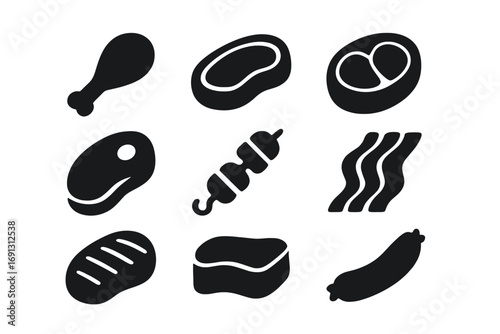 Meat and steak solid glyph icon set. BBQ, grilled food, beef, pork, chicken icons. Butcher shop silhouette collection. Vector elements like sausage, bacon, kebab, drumstick.