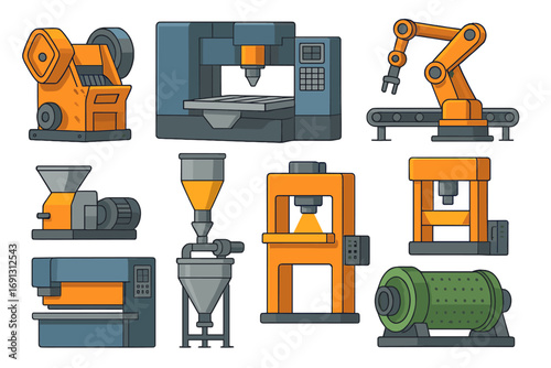 Industrial equipment vector icon set. Factory machinery collection with robotic arm, CNC machine, conveyor, hydraulic press, shredder for manufacturing and material processing.
