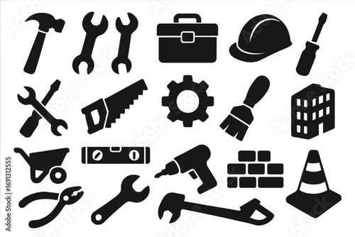 Construction tools icon set collection. Vector symbols of building, repair and industrial equipment. Silhouettes of hammer, wrench, drill, saw, gear and toolbox for DIY.