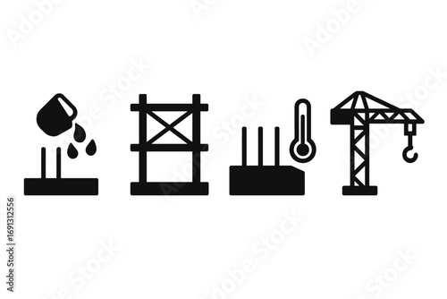 Construction work phase icons. Solid glyph icon set of building process: foundation pouring, steel framework, concrete curing, and tower crane for construction industry.