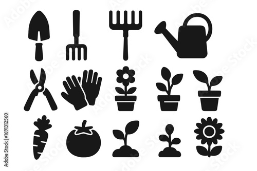 Garden icon set. Gardening tools, plants, flowers, and vegetables in simple flat silhouette. Vector graphic collection for horticulture. Trowel, rake, shears, seedling.