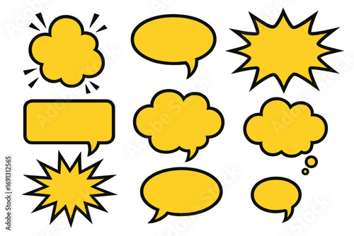 Set of yellow comic speech bubbles. Pop art style blank text balloons. Cartoon vector illustration for communication, dialog, and messages. Explosion and thought clouds.