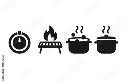 Cooking temperature icons set. Solid glyph pictograms of oven timer, grill flame, boiling water pot, and simmering pan. Vector illustration for food preparation and recipe.