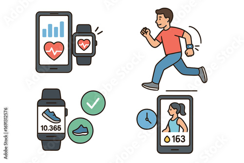 Fitness tracker app and wearable technology. Smartwatch and phone for health monitoring. Running character, heart rate, step counter, calories. Vector cartoon illustration icon set.