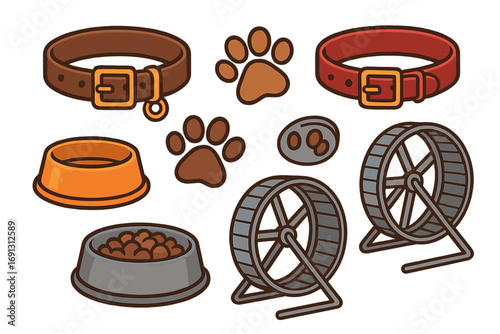 Pet supplies set vector illustration. Dog and cat collars, paw prints, food bowls. Hamster or rodent exercise wheels and food. Cartoon icons for pet shop or vet clinic.