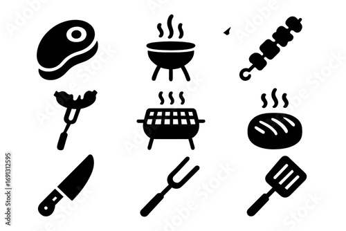 BBQ and grilling solid icon set. Meat cooking, food preparation symbols. Vector glyph collection for barbecue party or restaurant menu. Includes steak, sausage, kebab, kitchen tools.