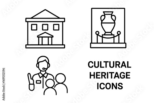 Cultural heritage outline icon set. Historic building, museum exhibit, guided tour icons. Vector illustration for history, tourism, preservation, and archaeology concepts.