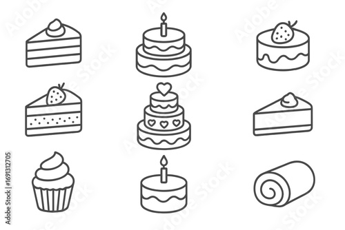 Cake icon set dessert and pastry line art collection. Sweet food symbols for bakery, cafe menu. Birthday, wedding party celebration elements. Cupcake, pie slice vector icons.