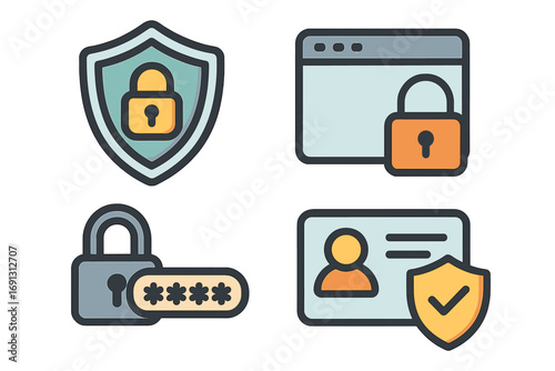 Cybersecurity icon set for data protection and online privacy. Vector icons for digital security, user authentication, secure login, password access, and website safety.