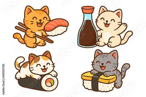 Cute cartoon cats enjoying sushi set. Kawaii kitten character collection with Japanese food. Funny animal mascot eating salmon nigiri, maki roll, tamago, and soy sauce.