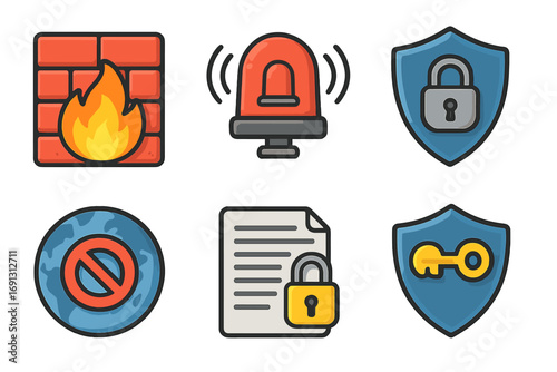 Cybersecurity icon set. Firewall, intrusion alarm, vpn, secure access. Blocked IP, network protection, data privacy policy. Vector cartoon illustration, symbol collection.