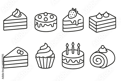 Cake and dessert outline vector icon set. Simple linear illustration collection of sweet pastries like birthday cake, cupcake, swiss roll, pie slice. Editable stroke for web.