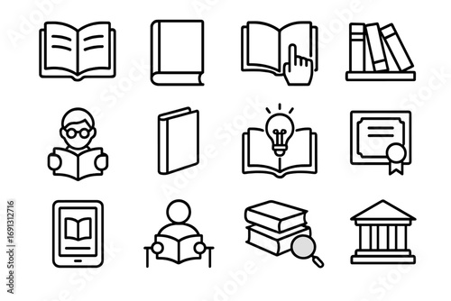 Book and reading outline icons set. Library, literature, and study symbols. Education, knowledge, and e-learning vector line icons. Research, student, and university concepts.
