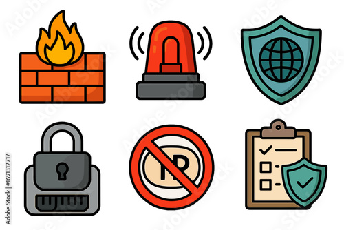 Cybersecurity vector icons set. Firewall, intrusion alarm, VPN shield, secure port, blocked IP, access policy. Internet data protection and network safety cartoon symbols.